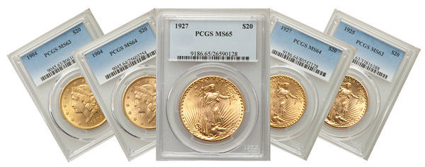 U.S. $20 St. Gaudens and Liberty 5-Coin Mint State Index Set (MS63, MS64, MS65)