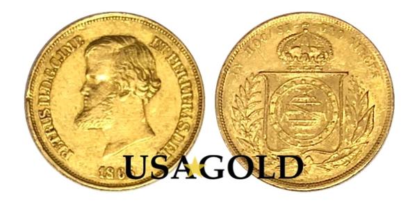 Brazil 10,000 Reis Dom Pedro Gold Coin minted 1853-1889