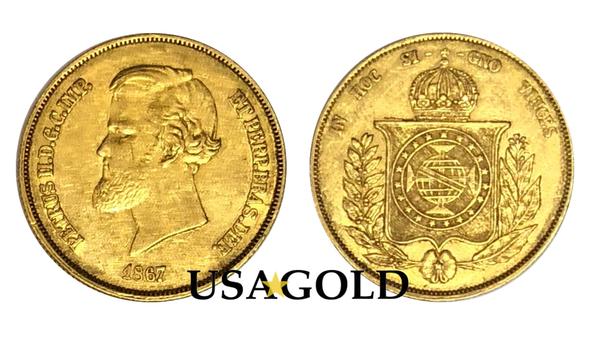 Brazil 20,000 Reis Dom Pedro Gold Coin minted 1853-1889