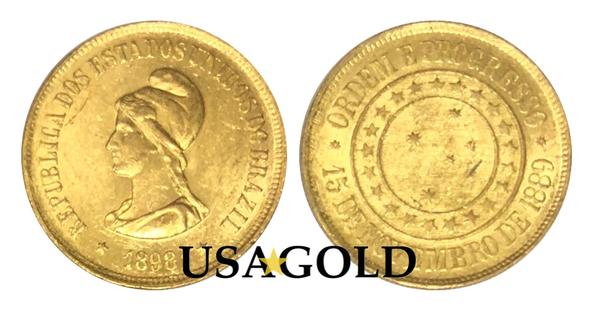 Brazil 20,000 Reis Gold Coin minted 1889-1922