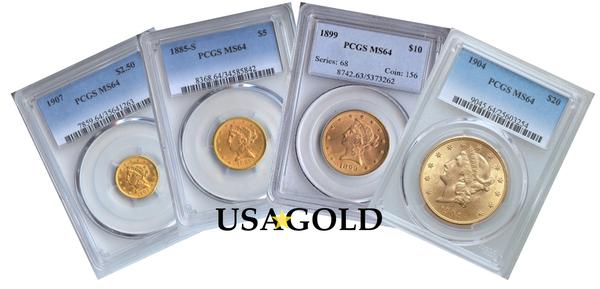 U.S. Liberty Four Coin Type Set ($2.5, $5, $10, $20) MS64 PCGS/NGC