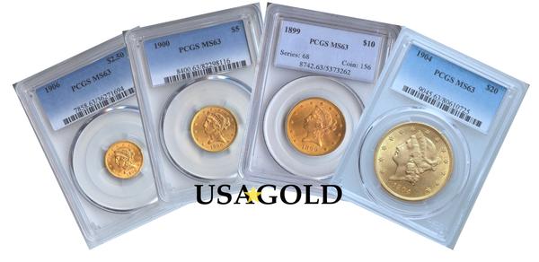 U.S. Liberty Four Coin Type Set ($2.5, $5, $10, $20) MS63 PCGS/NGC